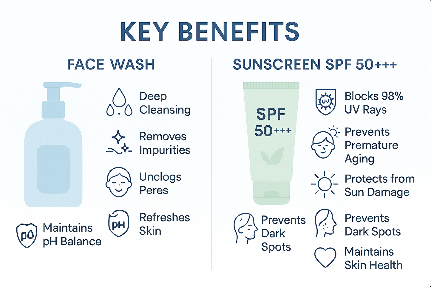 add using of key benifits of face wash and sunscreen spf+50+++